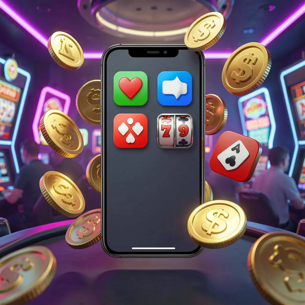AG99 Android casino app concept displayed on a modern phone with app icons, surrounded by golden coins and slot symbols floating in a neon casino atmosphere, realistic 3D render