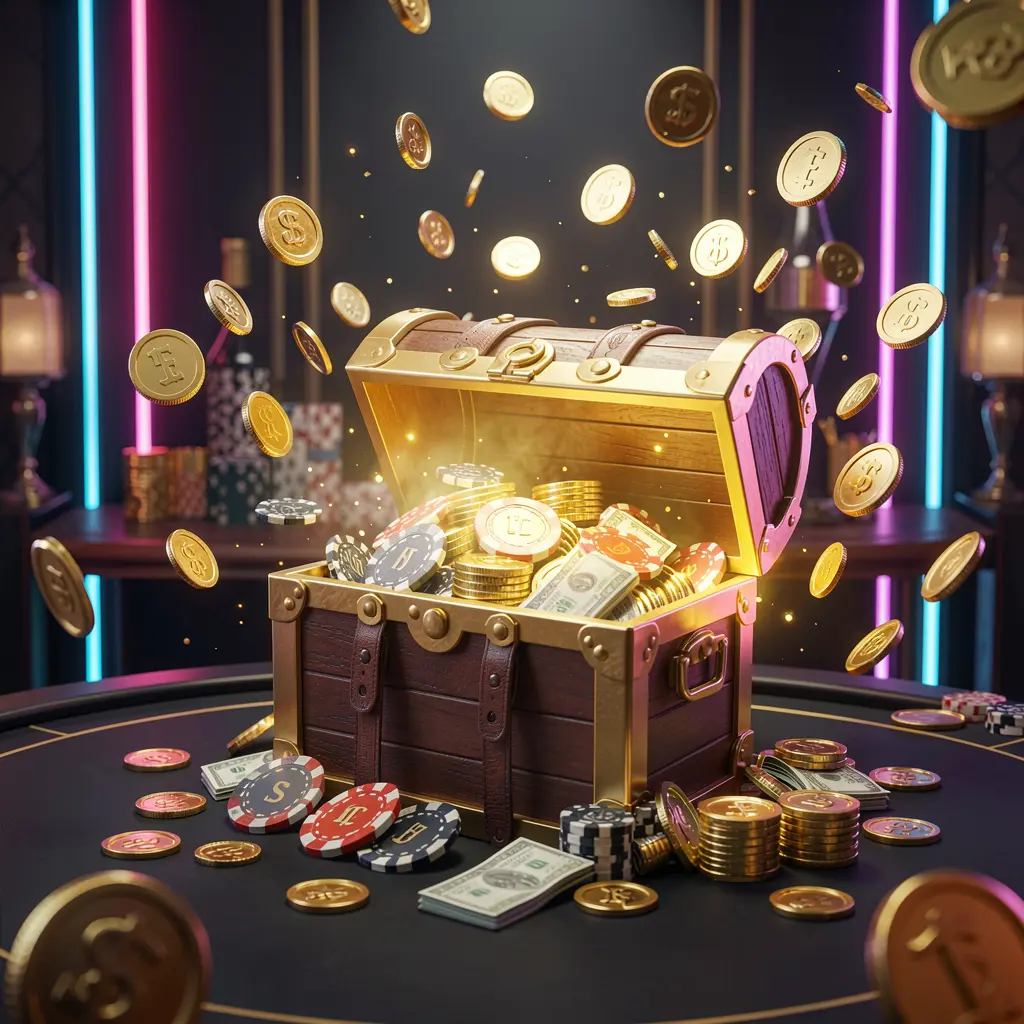 AG99 premium online casino bonus hero banner featuring golden coins flying in the air and a glowing treasure chest full of chips and cash against a luxury dark background with neon accents, creating a festive and elegant casino atmosphere with cinematic 3D realistic lighting