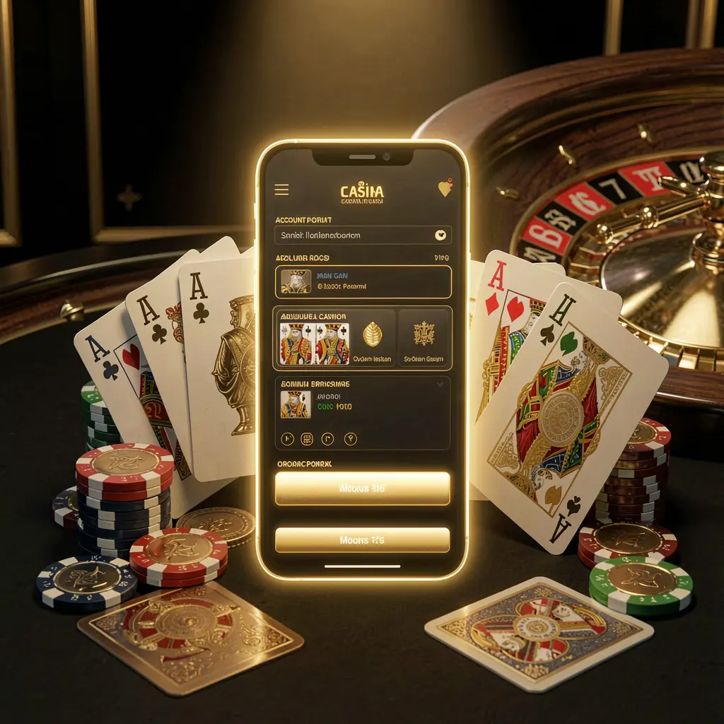 AG99 online casino account portal featuring a glowing smartphone, premium cards, chips, roulette wheel, and coins against a black and gold background with cinematic lighting in a realistic 3D render