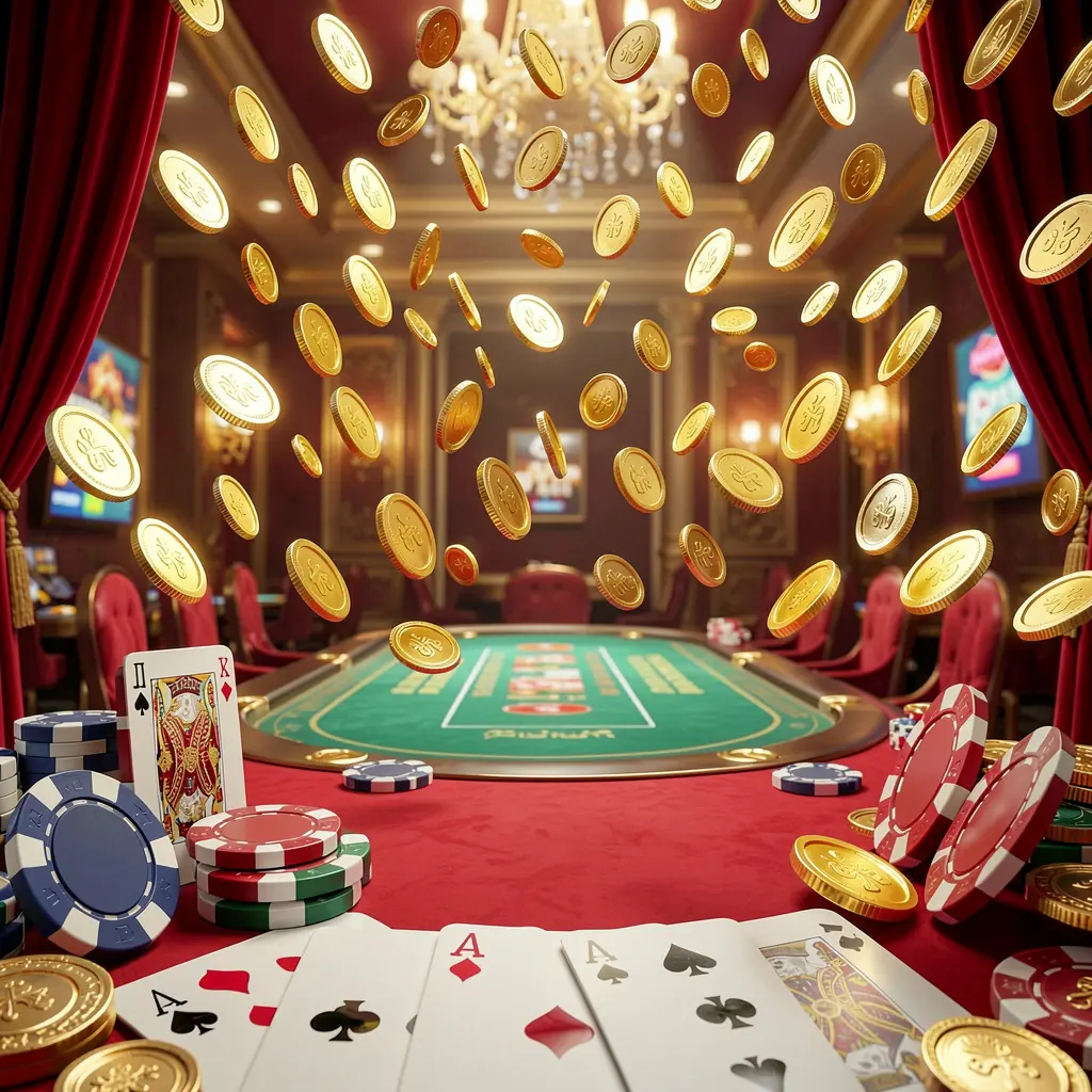 AG99 online gaming platform homepage banner featuring bright casino lights, golden coins raining, poker chips and playing cards in the foreground with a luxury red and gold atmosphere in high detail 3D render