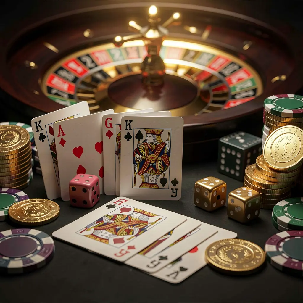 AG99 elegant online casino homepage featuring royal flush cards, dice, golden coins, and poker chips on a dark table with a glowing roulette wheel in the background in a cinematic 3D render